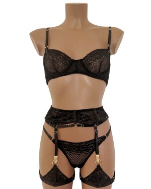 ensemble lingerie bondage en dentelle noire, collection Paradise Boutik, devant
