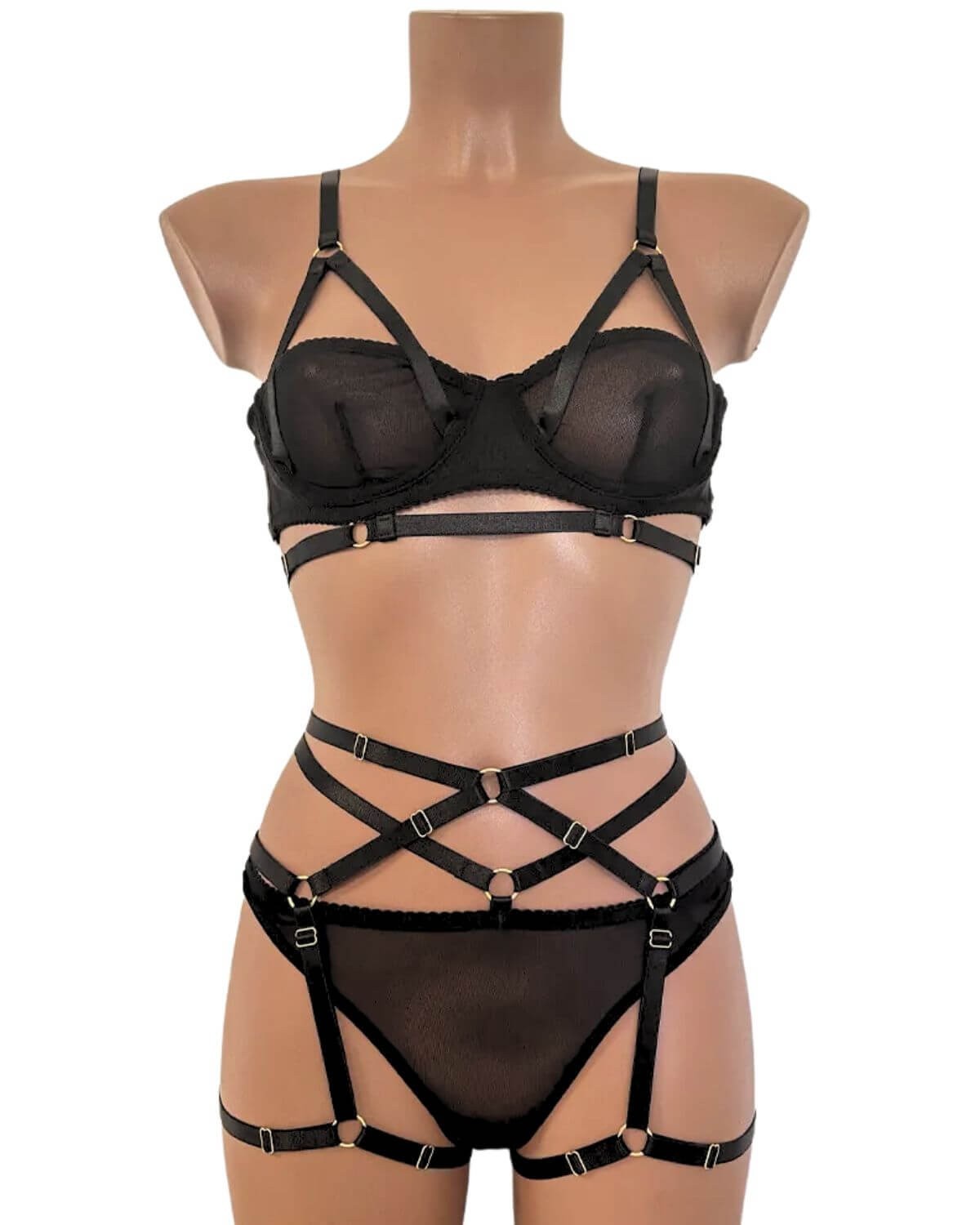 ensemble lingerie bondage en tulle et brides élastiques, Paradise Boutik, devant