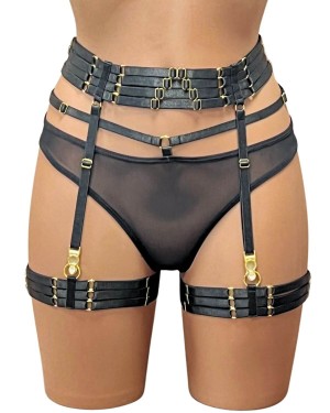 ensemble bondage serre-taille porte-jarretelles et culotte, noir, Paradise Boutik, devant