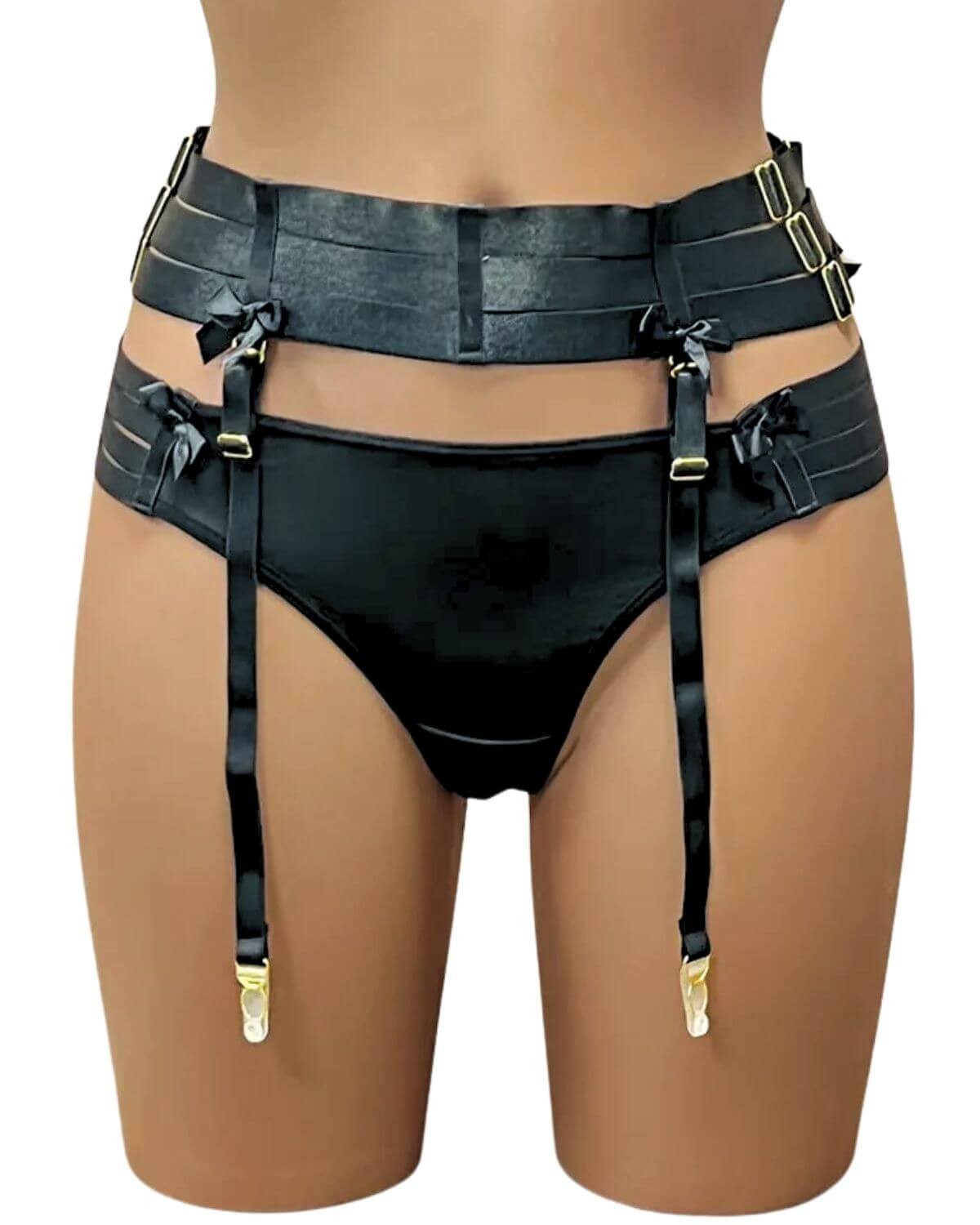 ensemble bondage serre-taille porte-jarretelles et string, noir, Paradise Boutik, devant