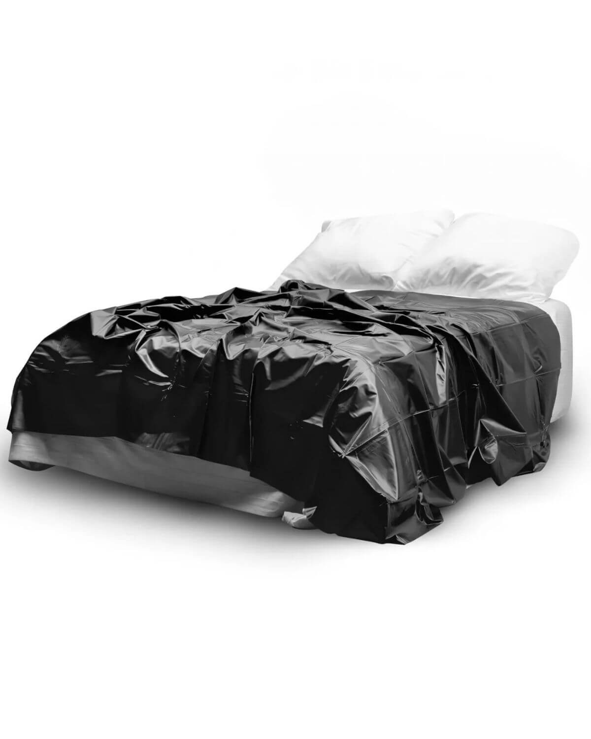 drap en vinyle noir Wet Love, Fetish Tentation, sur lit