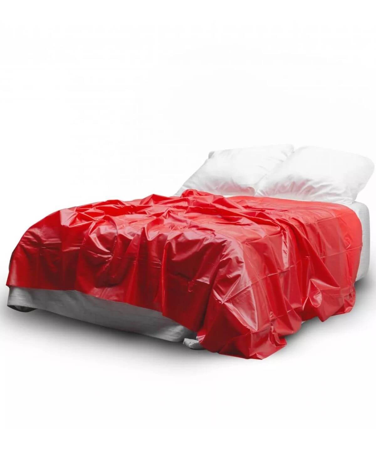 drap en vinyle rouge Wet Love, Fetish Tentation, sur lit