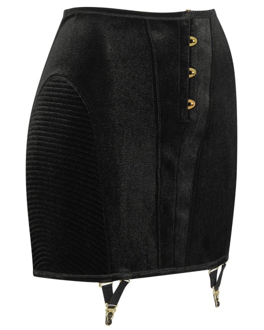 jupe porte-jarretelles Rococo, velours noir, Maison Close, profil