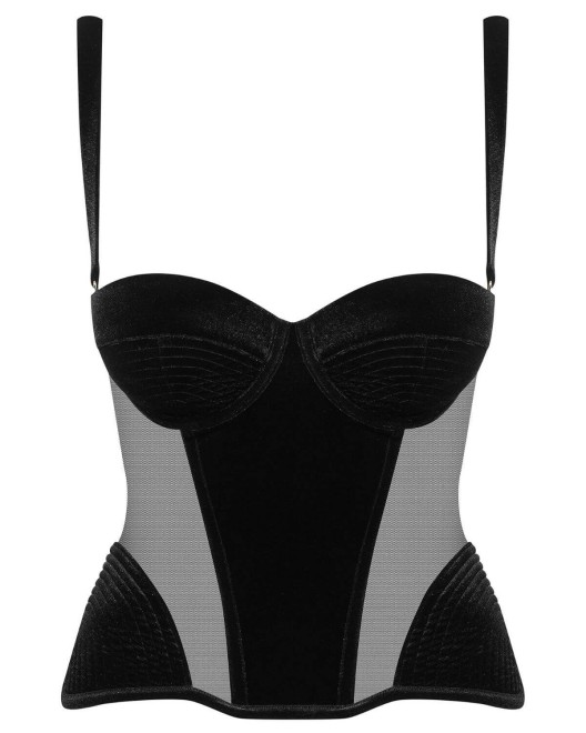 corset Rococo, velours noir, Maison Close, devant