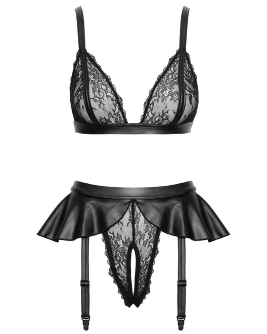 ensemble lingerie en simili cuir et dentelle, noir, Cottelli Collection, devant
