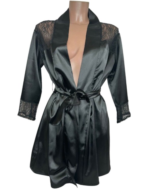 kimono manches longues en satin et dentelle, noir, Paradise Boutik, devant