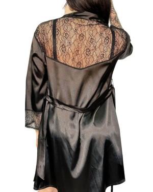 kimono manches longues en satin et dentelle, noir, Paradise Boutik, mannequin de dos