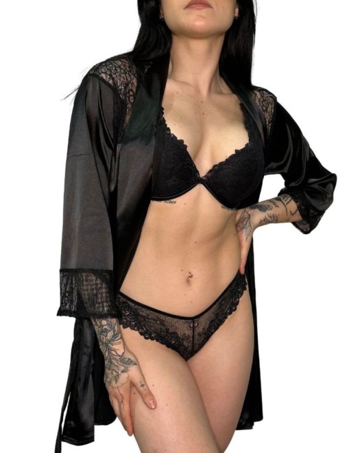 kimono manches longues en satin et dentelle, noir, Paradise Boutik, ouvert