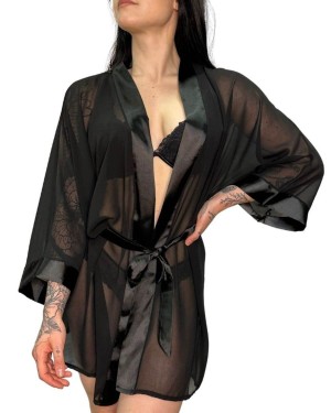 kimono transparent à manches longues, noir, Paradise Boutik, vue de face
