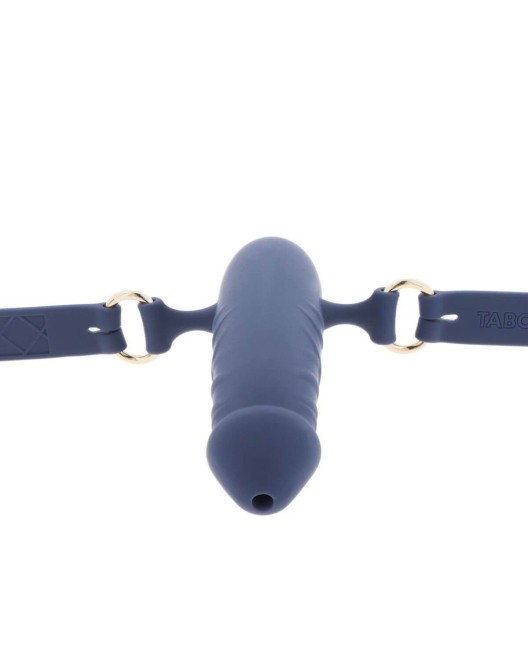 bâillon pénis respirant en silicone bleu, Taboom, zoom sur extrémité