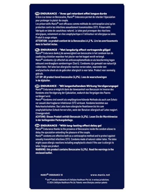 préservatifs retardants Manix Endurance, boîte de 10, vue de dos