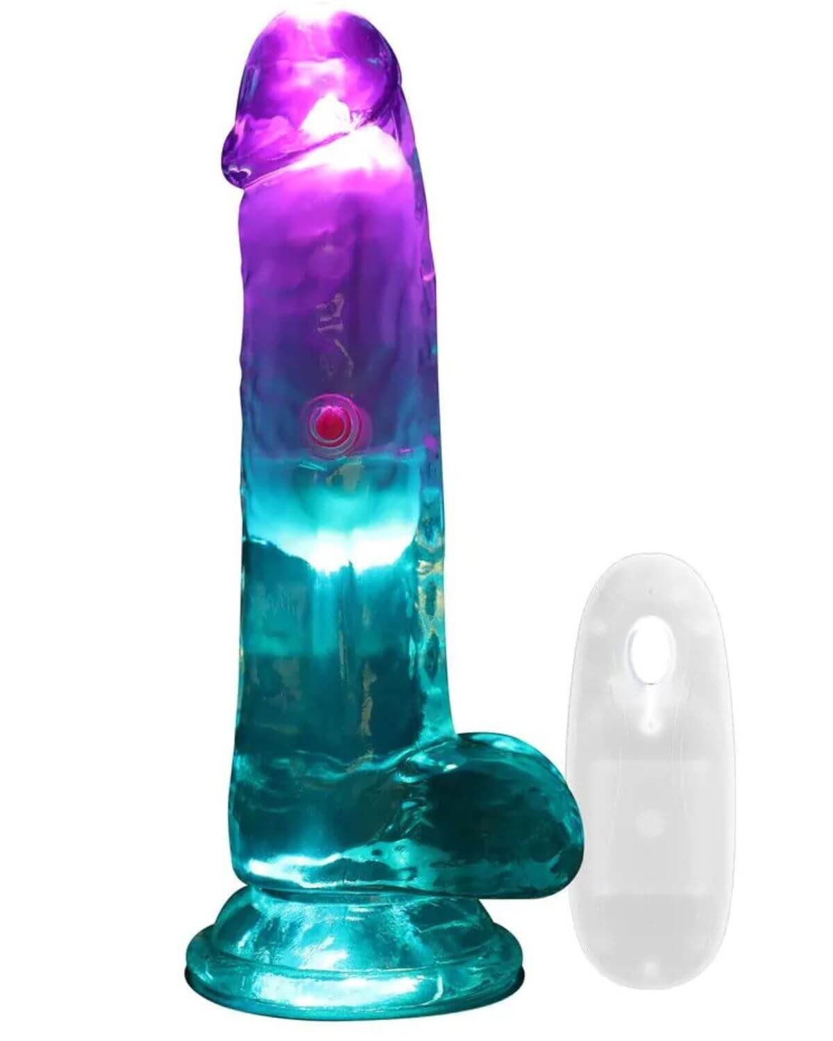 gode vibrant testicules à LED, transparent, 15 cm, RealRock, avec sa télécommande
