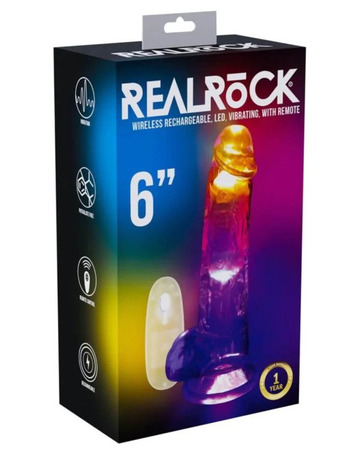 gode vibrant testicules à LED, transparent, 15 cm, RealRock, boîte