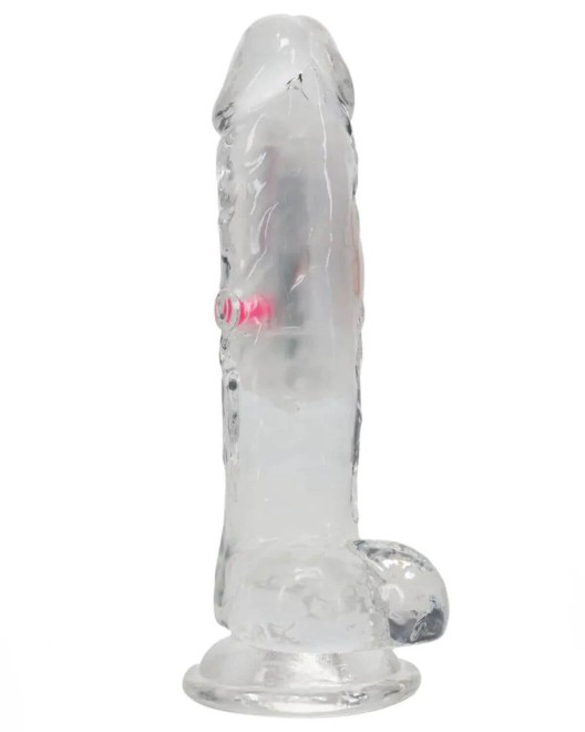 gode vibrant testicules à LED, transparent, 15 cm, RealRock, dildo de profil