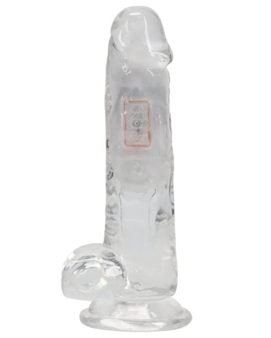 gode vibrant testicules à LED, transparent, 15 cm, RealRock, dildo vue de côté