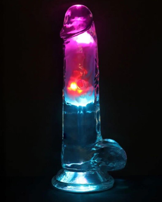 gode vibrant testicules à LED, 18 cm, REA205, RealRock, brillant dans le noir