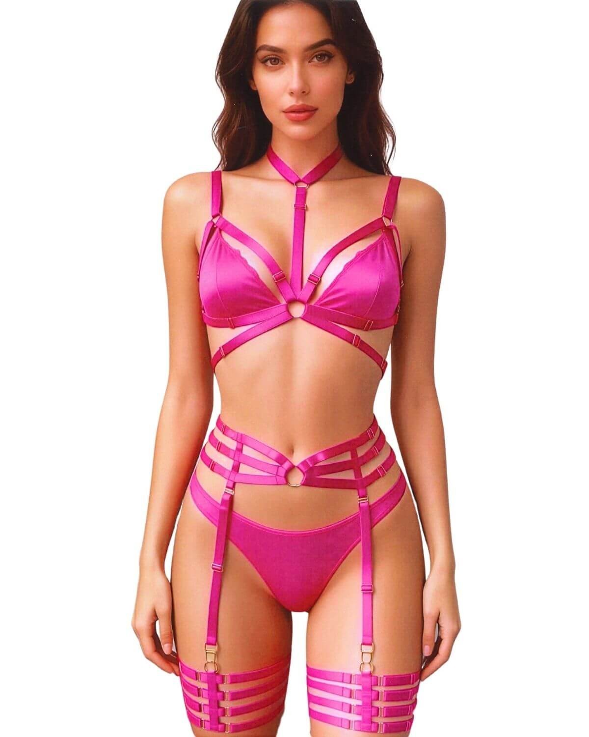 ensemble de lingerie bondage 3 pièces, rose, Paradise Boutik