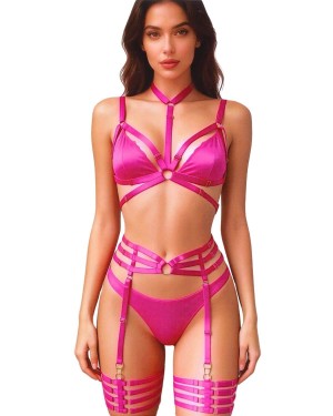 ensemble de lingerie bondage 3 pièces, rose, Paradise Boutik