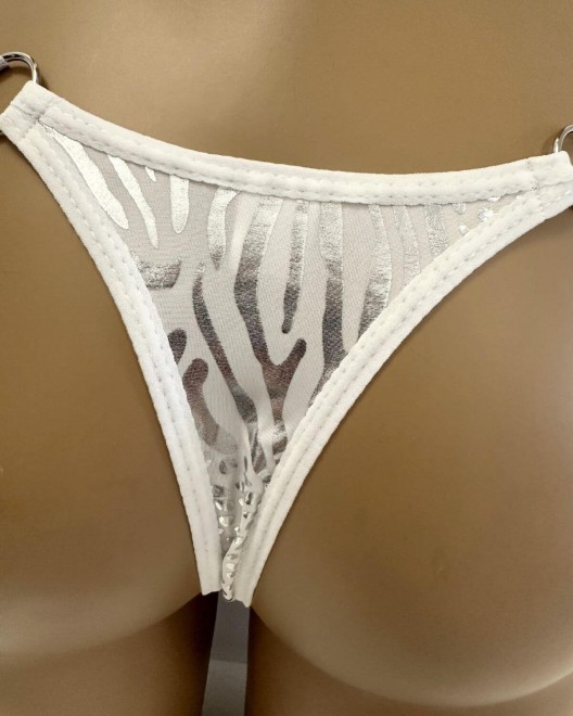 string échancré ajustable, blanc et argent, Paradise Boutik, zoom sur matière
