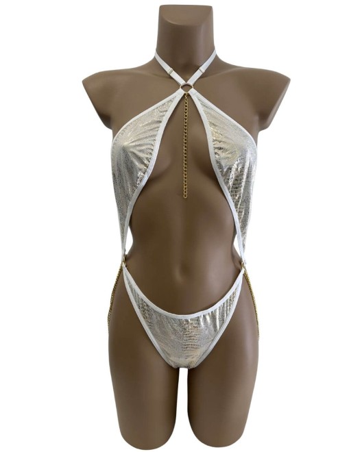 body string échancré, blanc et argent, Paradise Boutik, vue de face