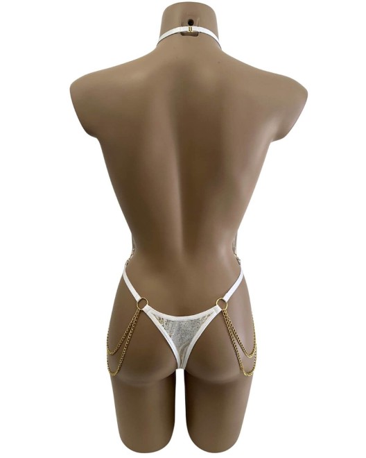 body string échancré, blanc et argent, Paradise Boutik, vue de dos