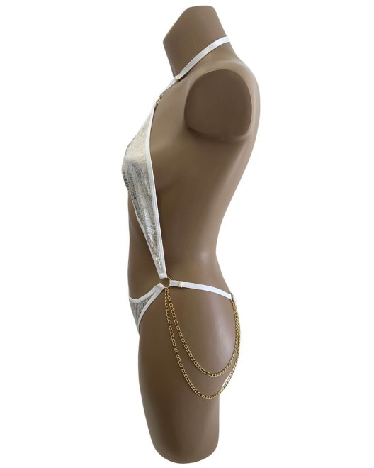 body string échancré, blanc et argent, Paradise Boutik, vue de profil