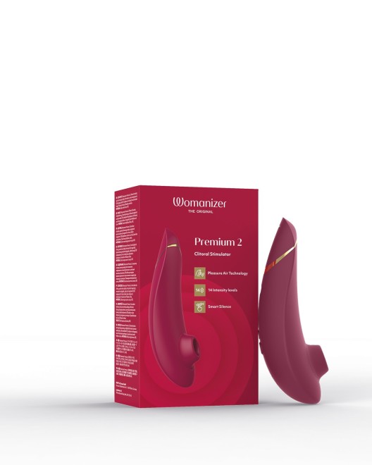 womanizer premium 2, stimulateur clitoridien air pulsé, rouge, produit et boîte