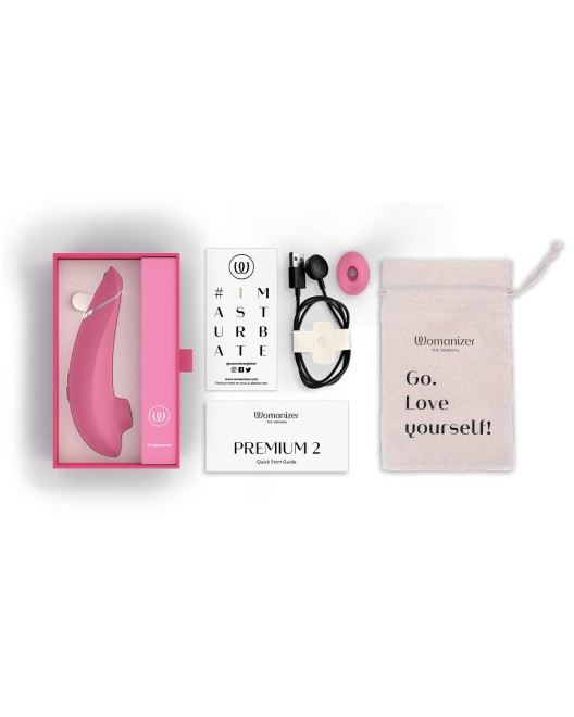 womanizer premium 2, stimulateur clitoridien air pulsé, rose, boîte et contenu