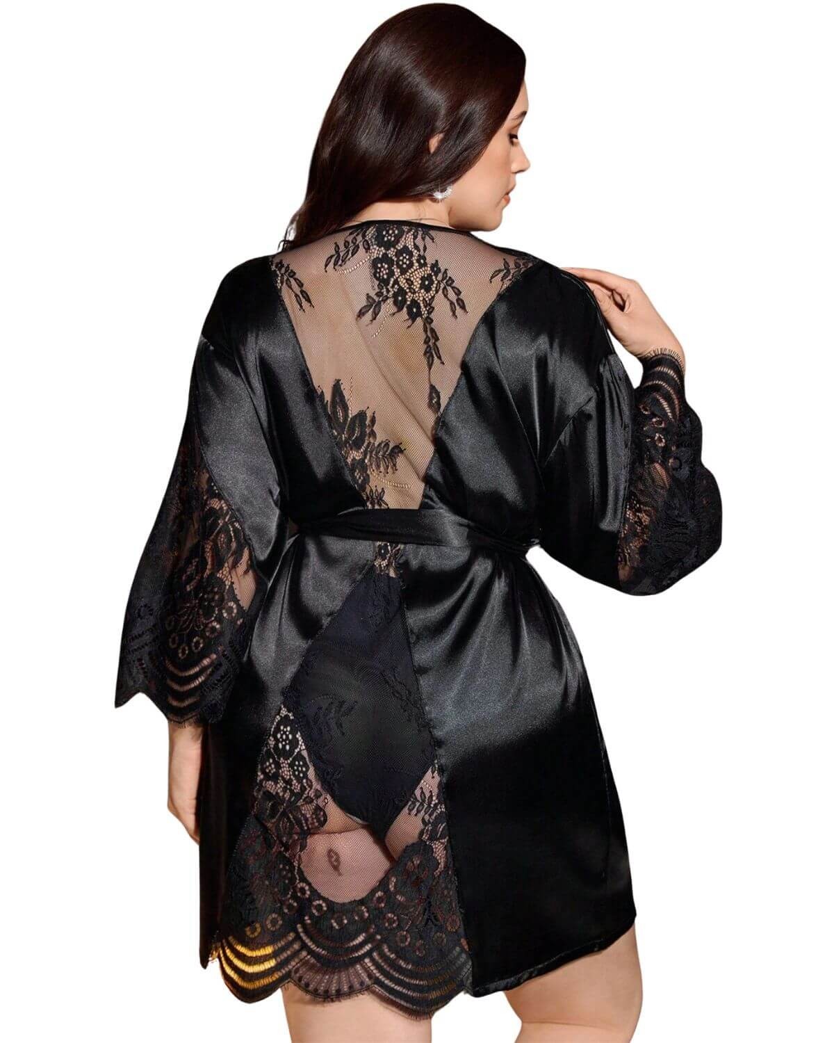 kimono en satin et dentelle, noir, mannequin de dos