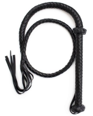 fouet bdsm tressé à lanières 150 cm, noir, posé à plat