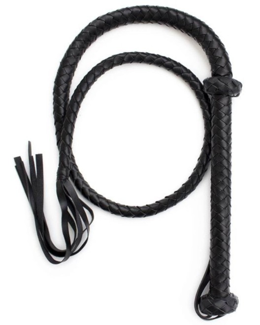 fouet bdsm tressé à lanières 150 cm, noir, posé à plat