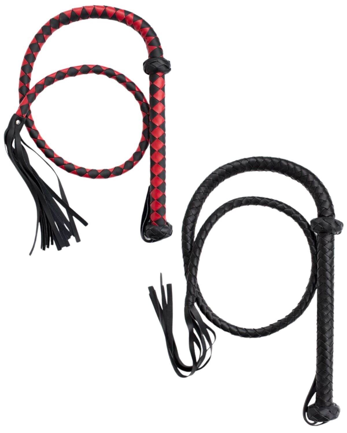 fouet BDSM tressé à lanières, rouge et noir