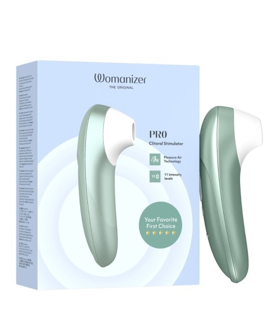 stimulateur clitoridien à air pulsé Womanizer Pro, vert sauge, avec sa boîte