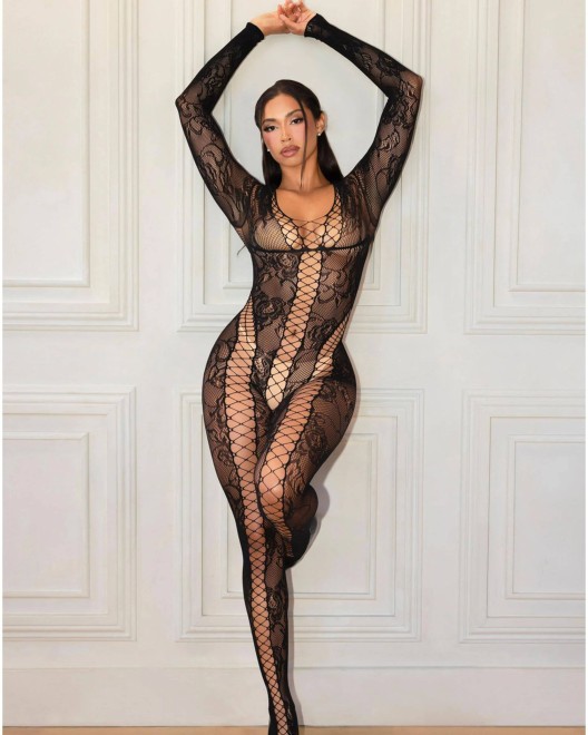bodystocking en résille laçage noir, Leg Avenue, 89369, mannequin