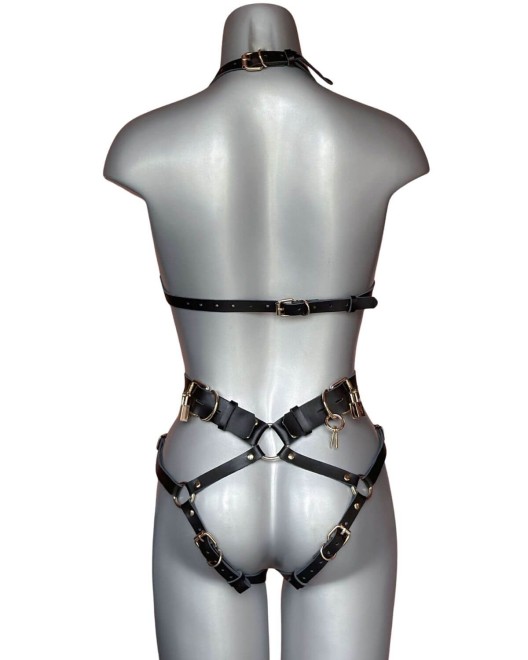body porte-jarretelles en cuir Chastity, VoyeurX, noir or, zoom dos sur fond blanc