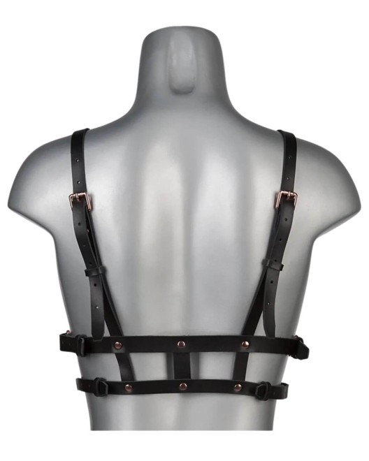 soutien-gorge harnais ouvert en cuir Powerless, VoyeurX, rose gold, derrière