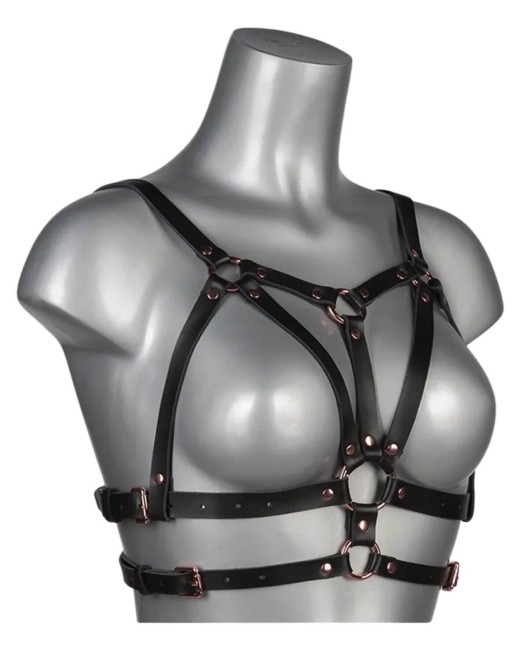 soutien-gorge harnais ouvert en cuir Powerless, VoyeurX, rose gold, profil