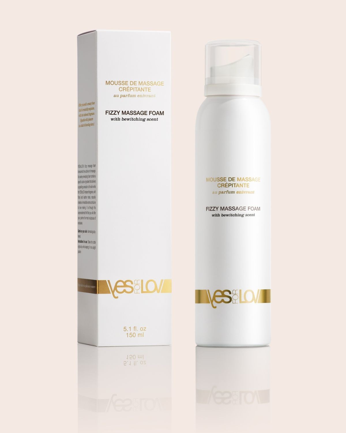 mousse de massage crépitante au parfum enivrant, YesForLov, packaging et flacon fond beige