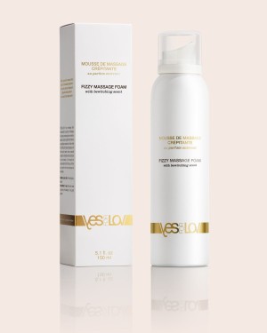 mousse de massage crépitante au parfum enivrant, YesForLov, packaging et flacon fond beige