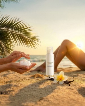 mousse de massage crépitante au parfum enivrant, YesForLov, plage sable et jambe féminine