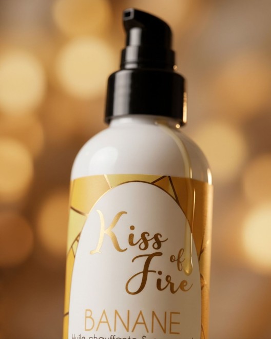 Kiss of fire,  huile de massage chauffante et gourmande parfum banane zoom sur l'huile