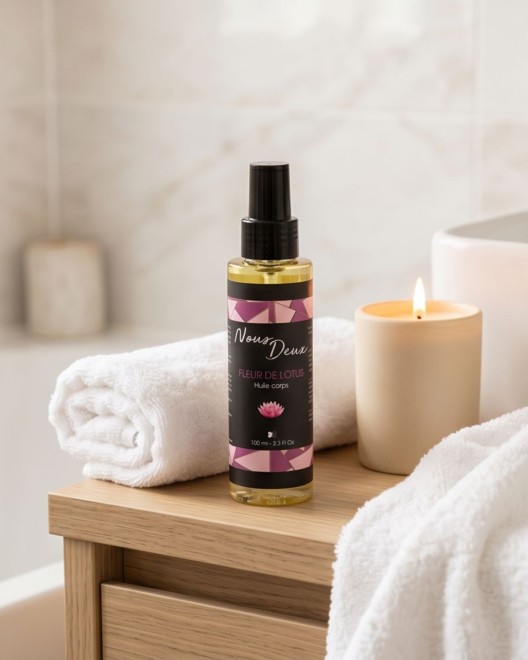 huile de massage sensuelle senteur fleur de lotus, présentation produit salle de bain