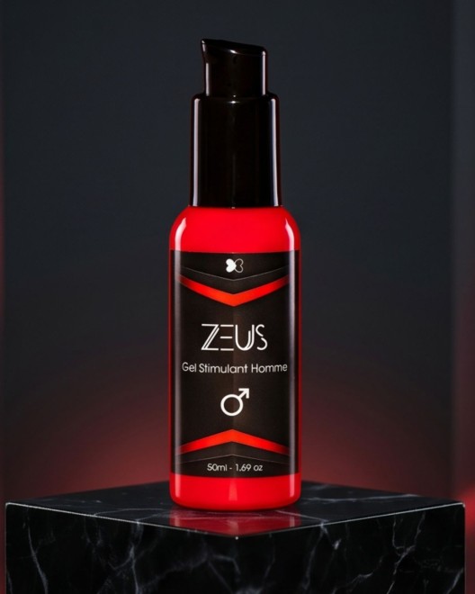 Gel stimulant pour Homme Zeus, présentation produit socle en marbre