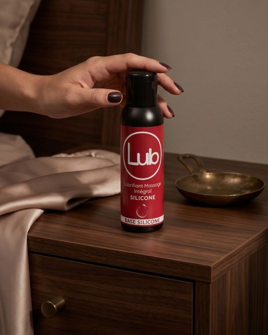 photo produit, lubrifiant, LUB, 250ml, grand format, ambiance, table chevet, main