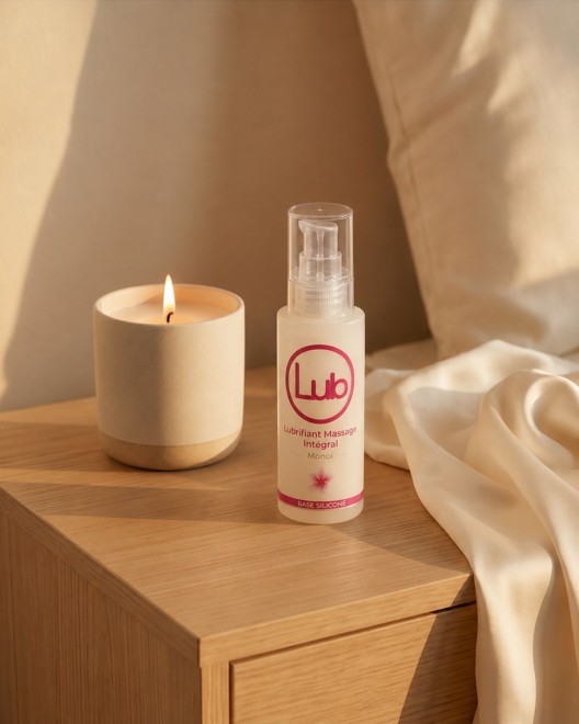 photo produit, lubrifiant, LB, Monoï, 125ml, ambiance, table chevet, massage intégral