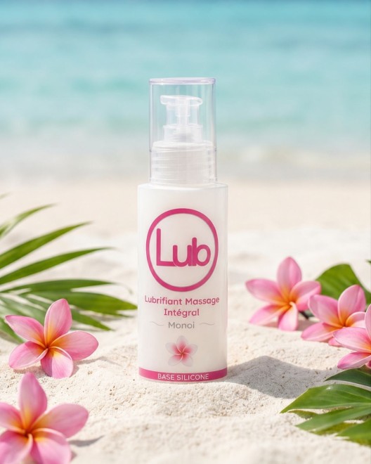 photo produit, lubrifiant, LB, Monoï, 125ml, ambiance, plage, été, massage intégral