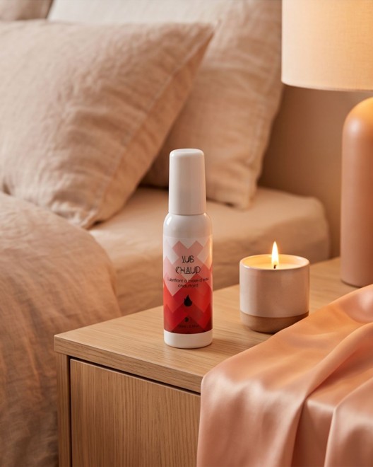 photo produit, lubrifiant, base eau, chauffant, ambiance, table chevet