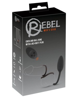 cockring avec plug télécommandé, noir, Rebel, boîte