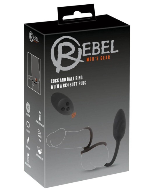cockring avec plug télécommandé, noir, Rebel, boîte