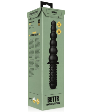 double dildo XXL Akimbo, Buttr, noir, boîte vue face